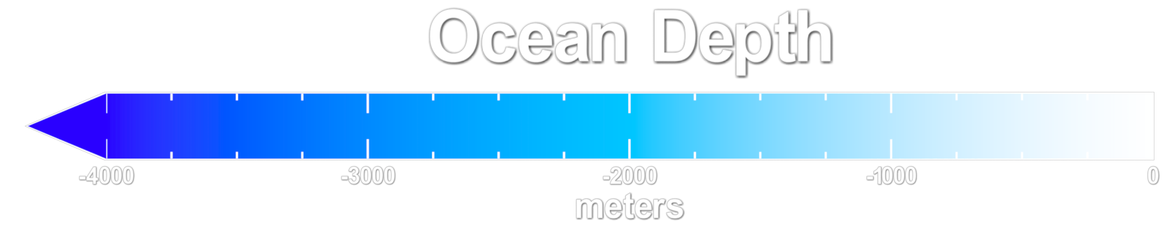 Ocean depth colorbar from white at the surface to cyan at 2000 meters deep to blue at 4000 meters deep