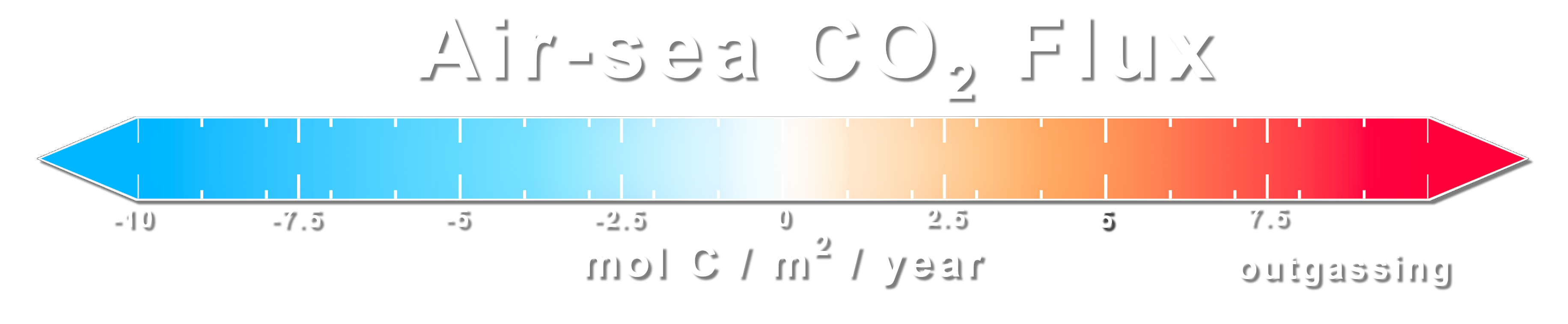 Air-sea CO<sub>2</sub> flux colorbar ranging from -10 (cyan) to 0 (gray) to 10 (red) in mol C/m<sup>2</sup>/year.